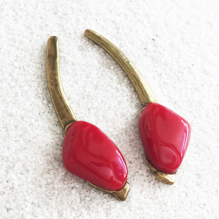 gold long drop earrings with red handcast resin