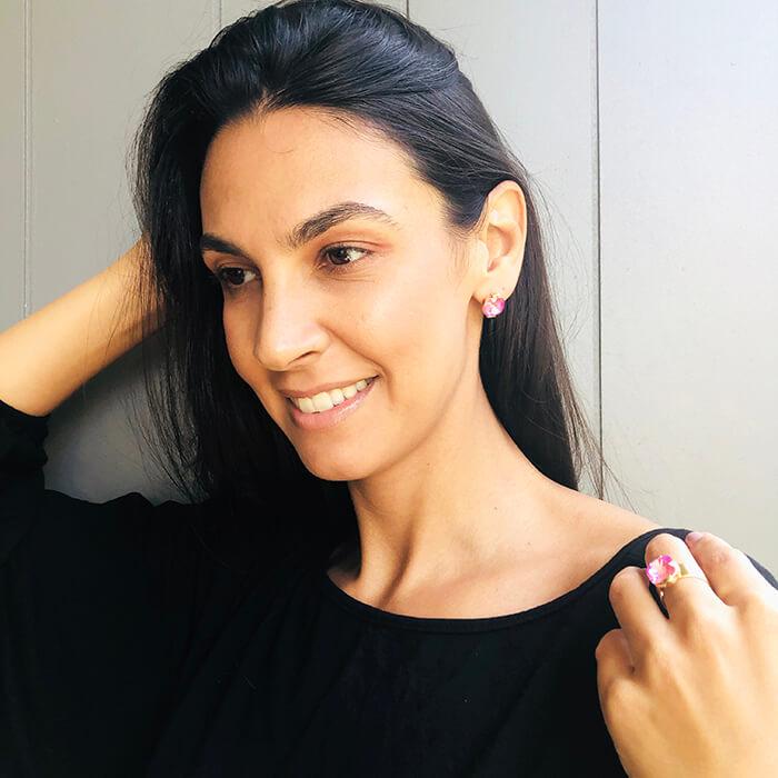 Pink Crystal Stud Earrings on model