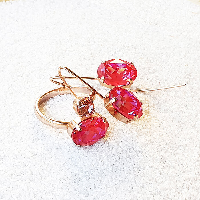 swarovski pink stone ring  and elegant crystal drop earrings 