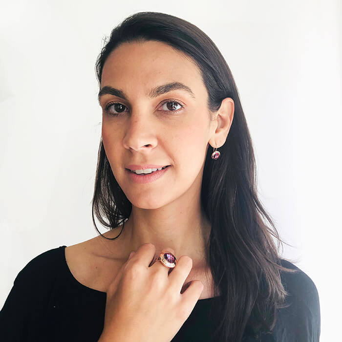 Dark Pink Crystal Earrings and Ring on Model