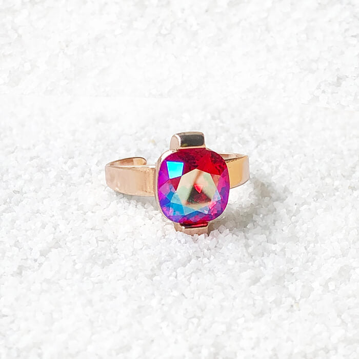 elegant cocktail adjustable ring rose gold and pink swarovski crystal 