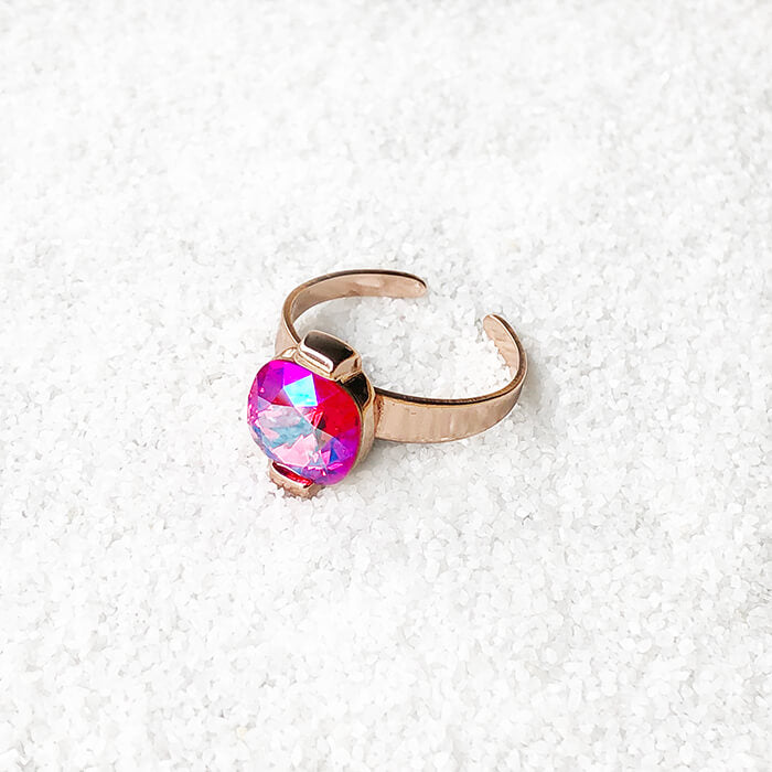 ethical cocktail adjustable ring rose gold and pink swarovski crystal 