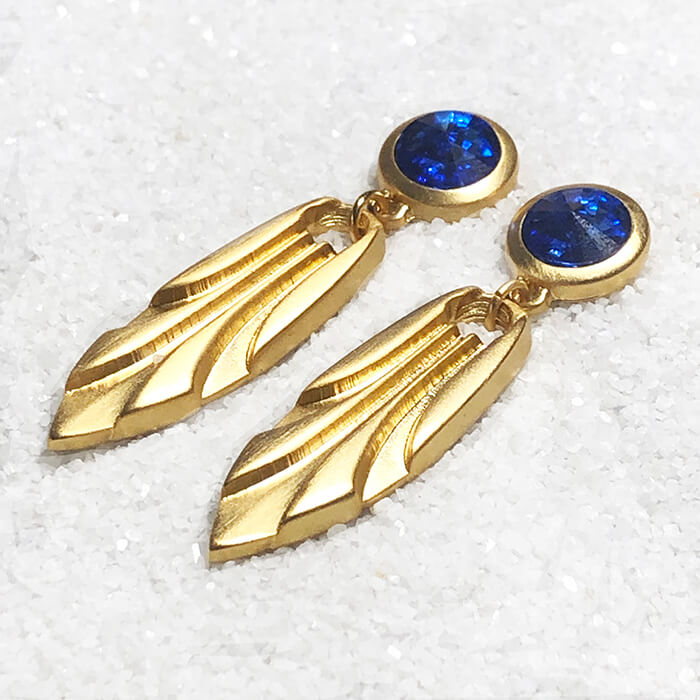 gold dangle earrings with blue swarovski crystal 