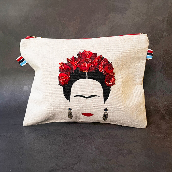 hand embroidered quirky designer bag with Frida Kahlo upright 