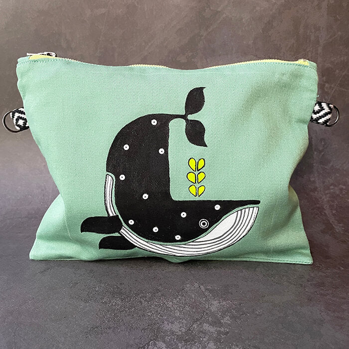 Hand painted bag with whale standing upright 