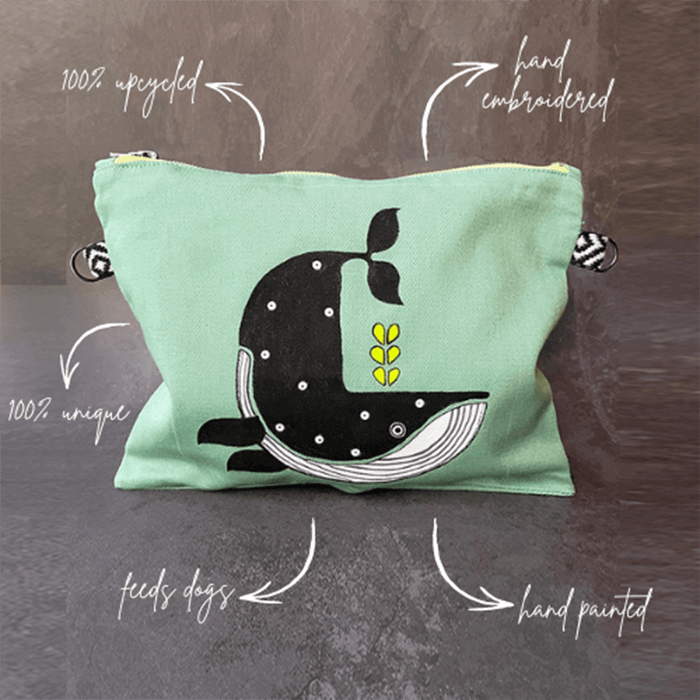 hand painted designer bag with whale on light teal base
