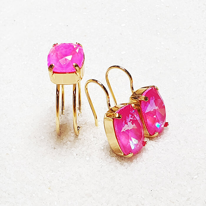 hot pink earrings  and adjustable ring set in 24k gold plating