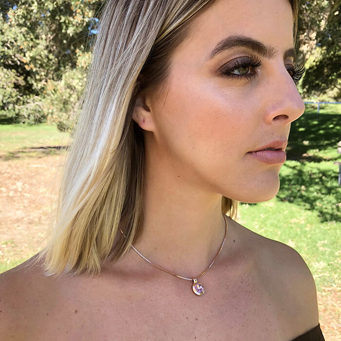 amethyst and rose gold elegant sparkly pendant with chain on model