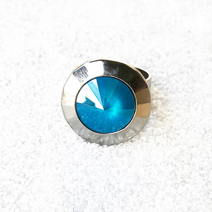 unique silver statement ring with azure blue crystal  