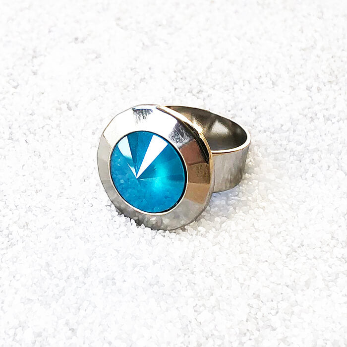unique adjustable ring with azure blue crystal and silver 