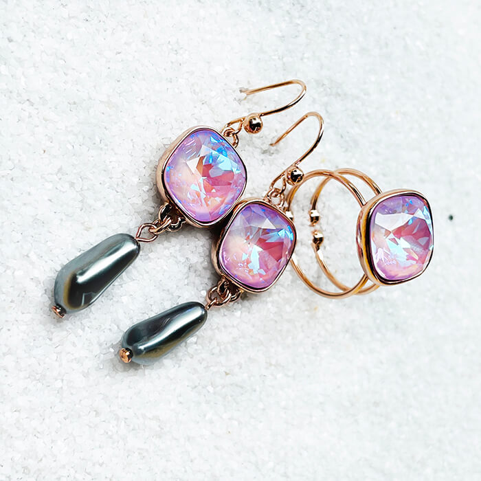 Lavender and Grey Pearl Drop Swarovski Earrings and ring 