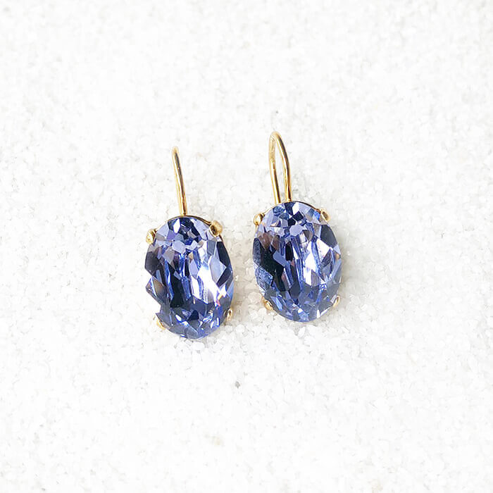 lavender swarovski earrings set in 24k gold plating close up | lavender crystal crystal 