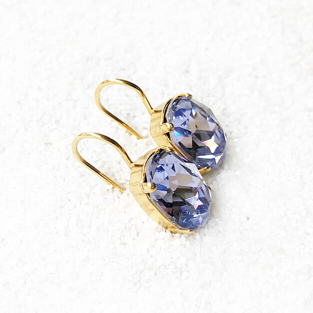 lavender swarovski earrings set in 24k gold plating side angle