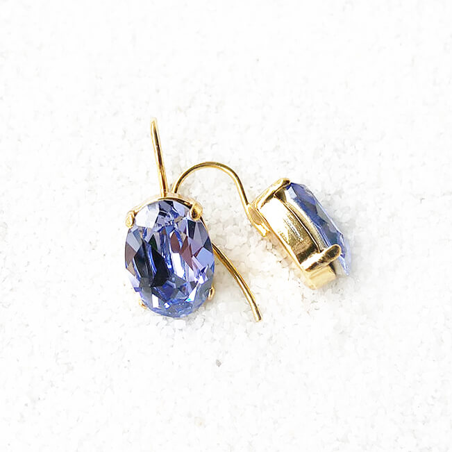 lavender swarovski earrings set in 24k gold plating hook view
