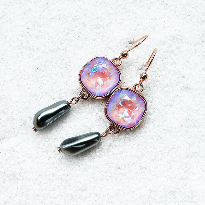Lavender and Grey Pearl Drop Swarovski Earrings side view 