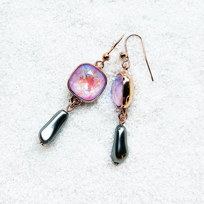 Lavender and Grey Pearl Drop Swarovski Earrings setting view 
