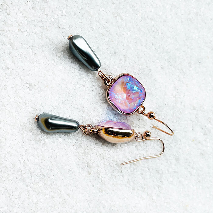 Lavender and Grey Pearl Drop Swarovski Earrings top view 