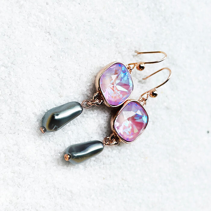 Lavender and Grey Pearl Drop Swarovski Earrings side view unique 