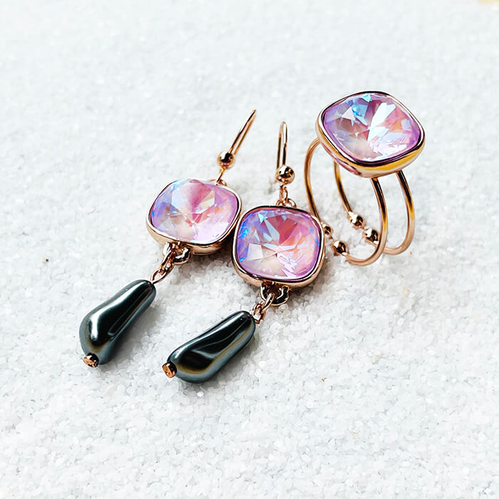 Lavender Swarovski Ring and Earrings 