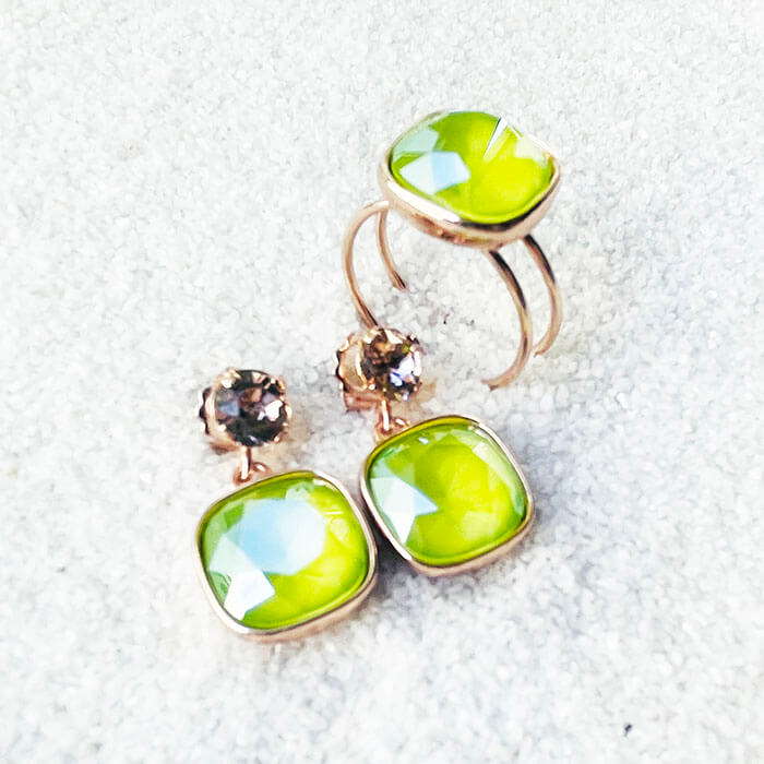 Lime Green Earrings Swarovski and Adjustable Ring Swarovski earrings and Swarovski rings on sale Australia | Bidiliia