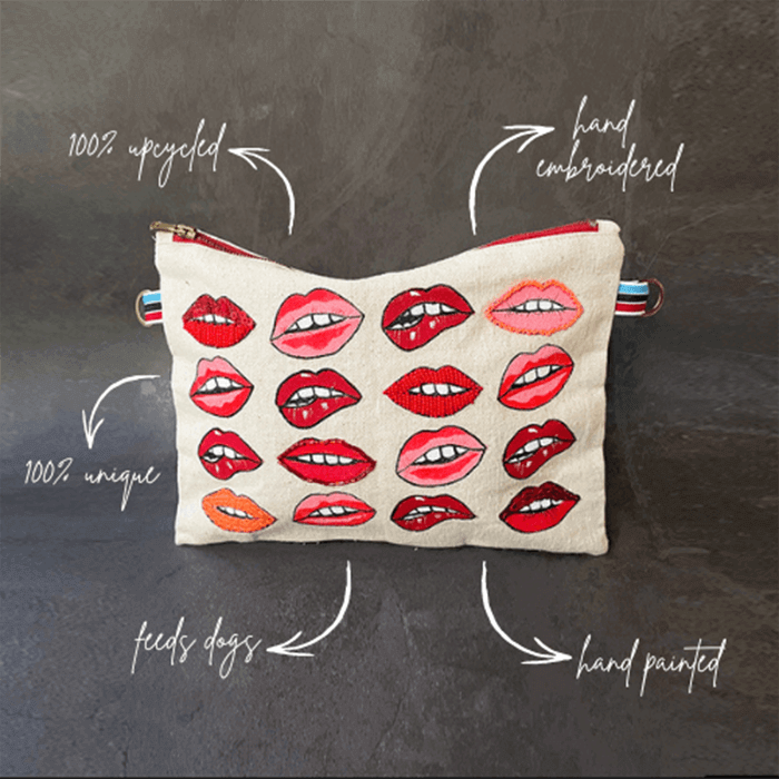 hand painted and hand embroidered designer bag with lips 