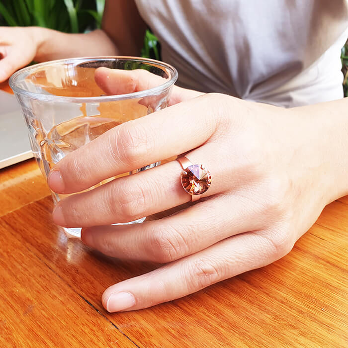 blush rose and rose gold unique crystal statement ring on model