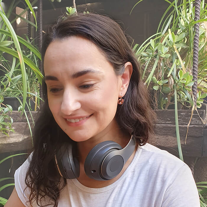 blush crystal earrings Swarovski on model