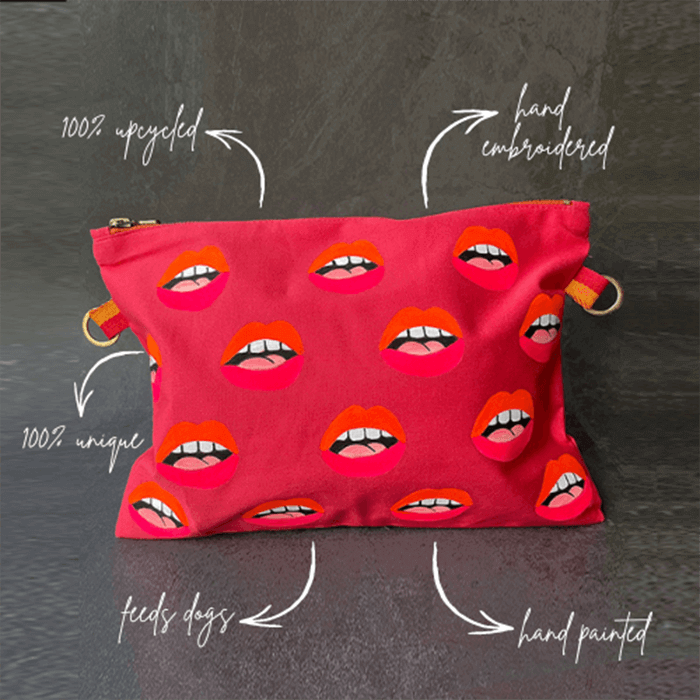 pink hand painted designer bag with lips 