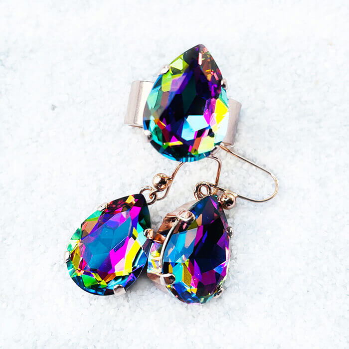 rainbow earrings Swarovski and adjustable ring