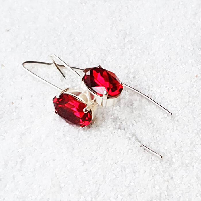 Long Red Crystal Earrings in silver