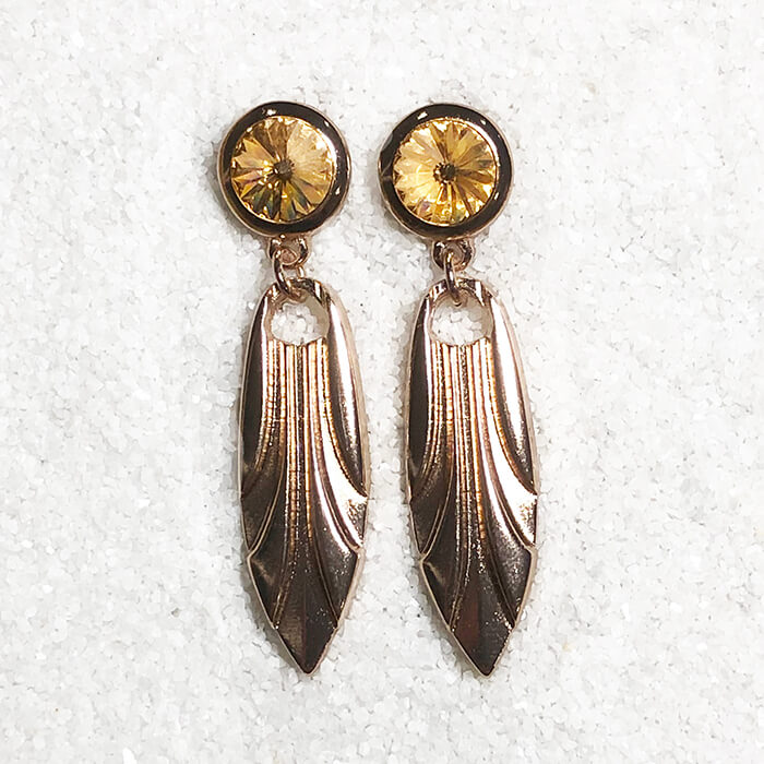 rose gold dangle earrings with peach swarovski crystal top shot 