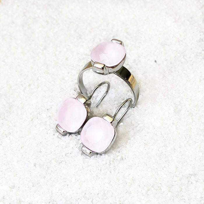 elegant rhodium plated and rose opal swarovski adjustable ethical ring and ethical earrings 