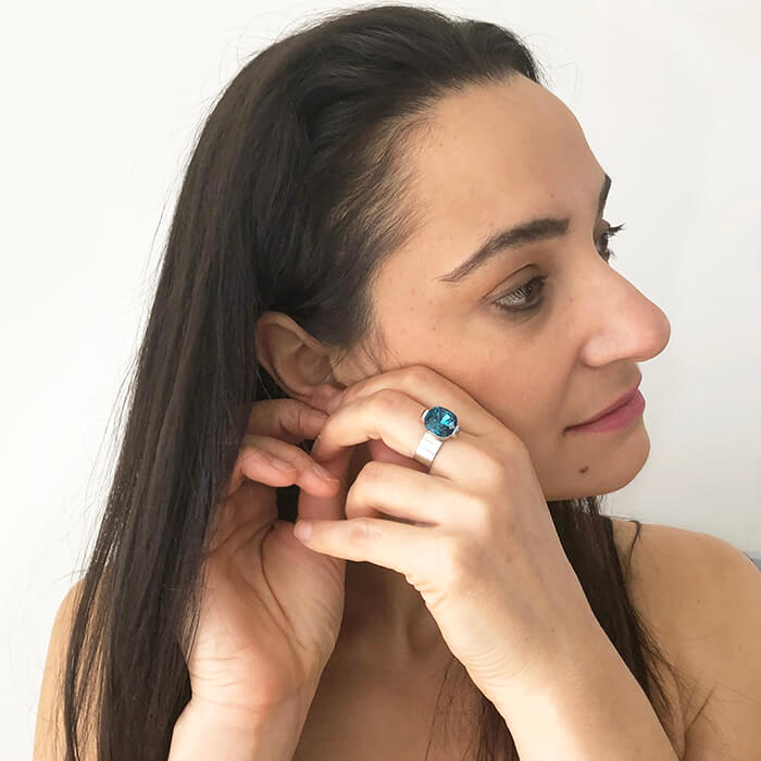 indicolite swarovski crystal adjustable silver ring on model