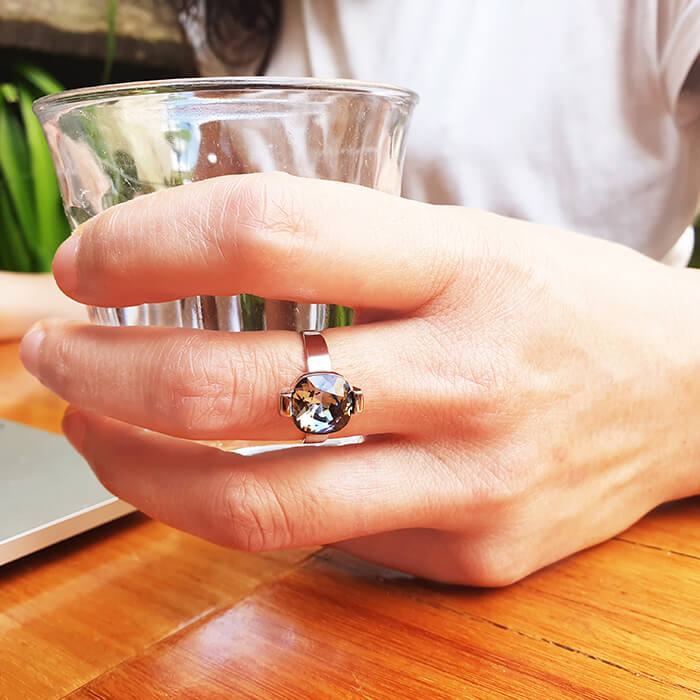 black and silver elegant unique cocktail ring on model