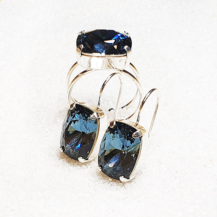 Blue Swarovski Crystal Drop Earrings and Statement Ring in Silver 