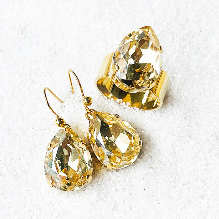 Swarovski Gold Ring and Swarovski Gold Earrings in Pear Shaped Swarovski