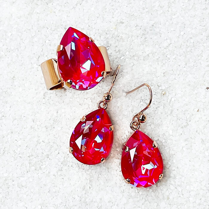  Pink Swarovski Drop Earrings and ring 
