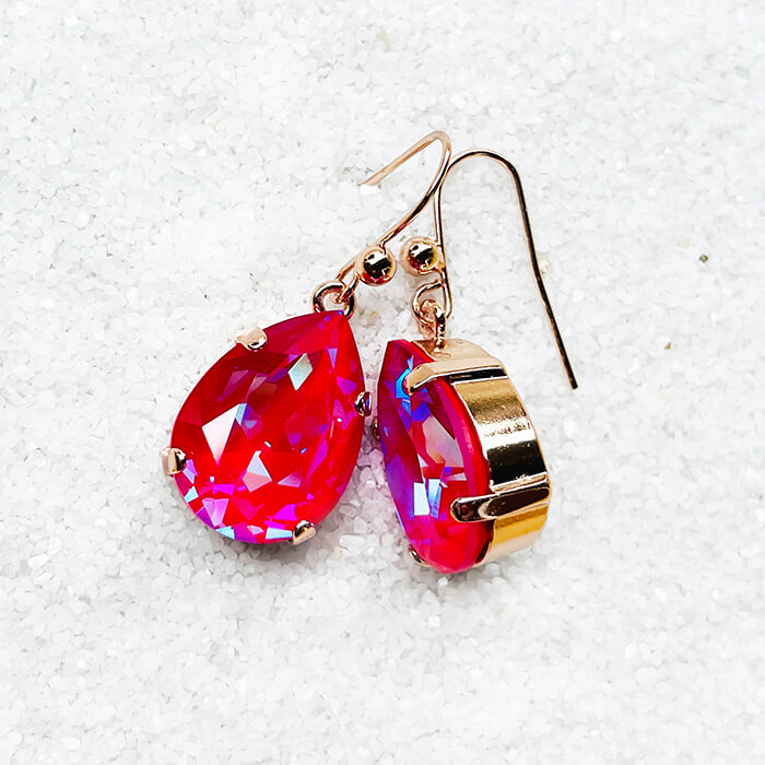  Pink Swarovski Drop Earrings pear shaped swarovski earrings tilted view 