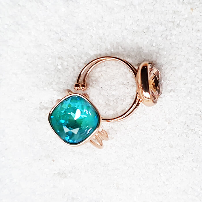 Teal Stone Ring with Genuine Swarovski set in Rose Gold Adjustable Ring top view