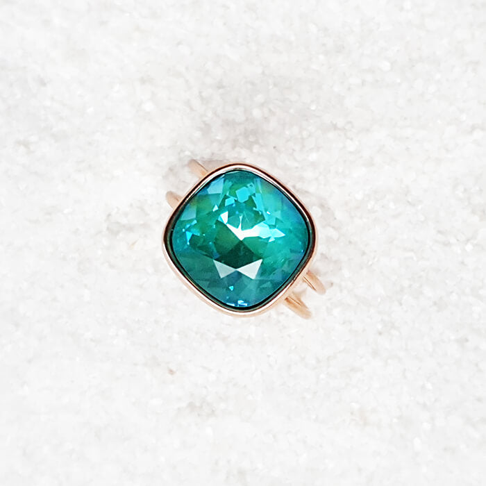 Teal Stone Ring | Genuine Swarovski | Rose Gold Adjustable Ring