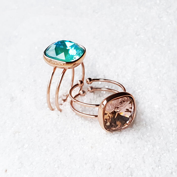 Teal Stone Ring with Genuine Swarovski set in Rose Gold Adjustable Ring with rose gold ring