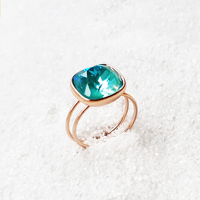 Teal Stone Ring with Genuine Swarovski set in Rose Gold Adjustable Ring side angle