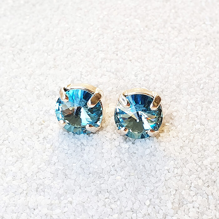 swarovksi stud earrings in rhodium silver with aquamarine swarovski crystal 