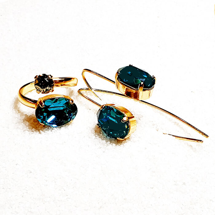 indicolite ring set in adjustable gold band with earrings