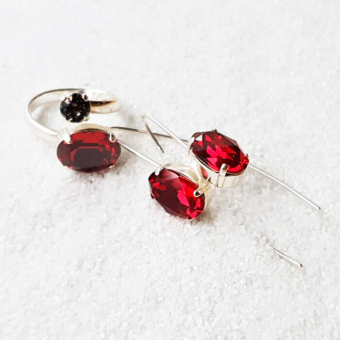 Long Red Crystal Earrings and statement ring | unique jewellery australia
